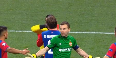 CSKA Moscow goalkeeper Igor Akinfeev receives two yellow cards in 10 seconds