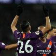 Riyad Mahrez points skywards after scoring Man City’s opener in tribute to Leicester owner