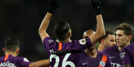 Riyad Mahrez points skywards after scoring Man City’s opener in tribute to Leicester owner