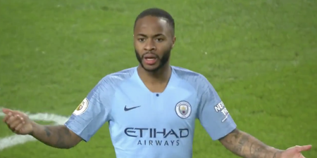 Watford players complain as referee overrules offside call on Raheem Sterling goal