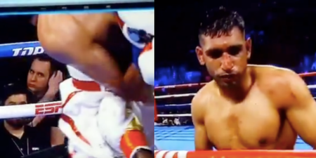 Amir Khan unable to continue against Terence Crawford after punch to groin