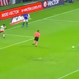 Mexican referee waves play on after accidentally blocking goal-bound shot