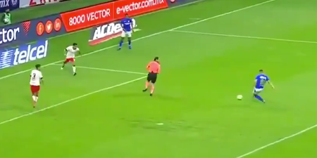 Mexican referee waves play on after accidentally blocking goal-bound shot