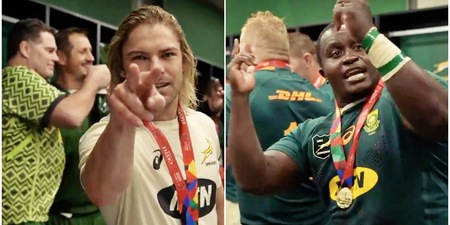 Post-match scenes from Springboks changing room show Owen Farrell’s big jersey swap