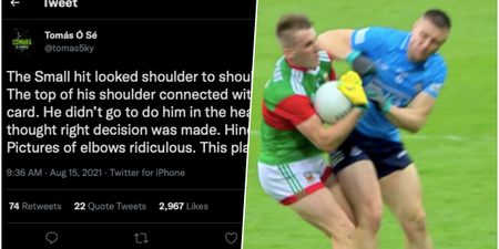 “The top of his shoulder connected with head” – Tomás Ó Sé reviews the John Small tackle on Twitter