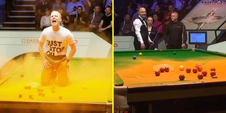 Just Stop Oil protester jumps on table during World Snooker Championship match