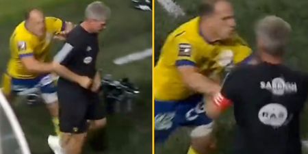Ronan O’Gara somehow keeps the head as Argentine player goes for him in technical area